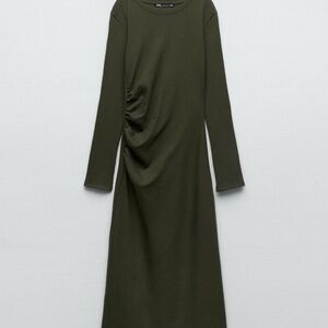 Zara women’s green midi ruched long sleeve ribbed pencil dress size large 10 12